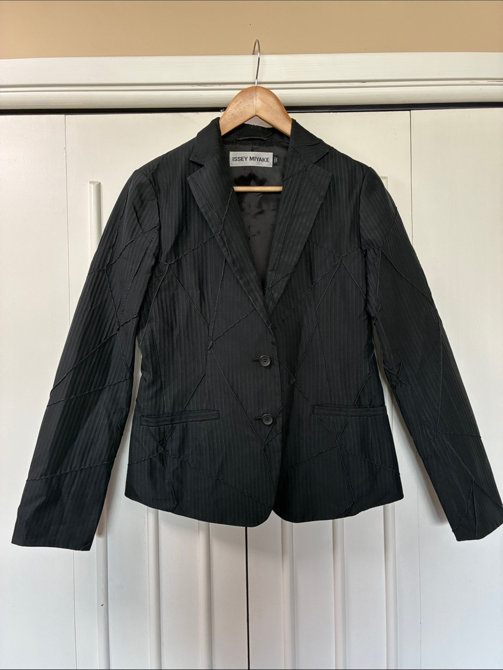 Issey Miyake Black Pinstripe Stitched Detail Women's Blazer